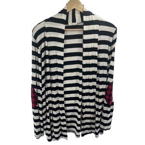 12PM by Mon Ami Women's Cardigan Sweater Striped Plaid Elbow Black White Large